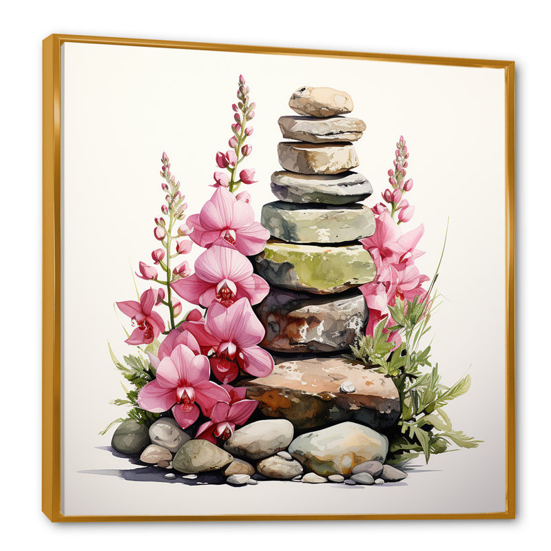 Rose Foxglove Harmony Aesthetic Stone Ensemble III - Foxglove, art mural, H 36 po x l 36 po x P 1,5 po, Cadre flottant doré