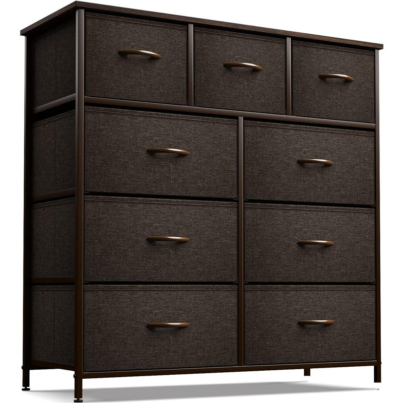 Commode 9 tiroirs Sorbus avec structure en acier et plateau en bois, brun, Brun