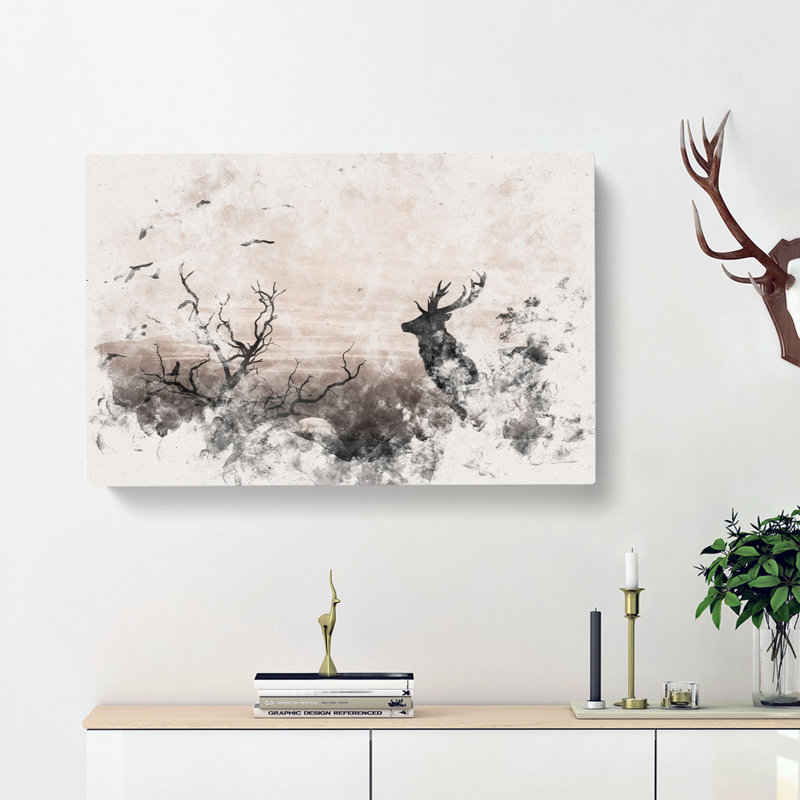 Stag Deer with Birds Watercolour - Wrapped Canvas, 35cm H x 50cm W x 3cm D