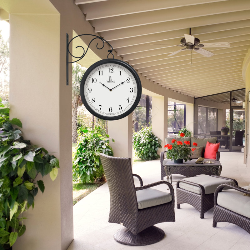Large Metal Double Sided Wall Clock 13.4" - Decorative Indoor Outdoor Double Sided Clock - Easy to Read, Hanging Train Station Style for Patio, Garden, Office - Antique Style Outside Corner Wall Décor