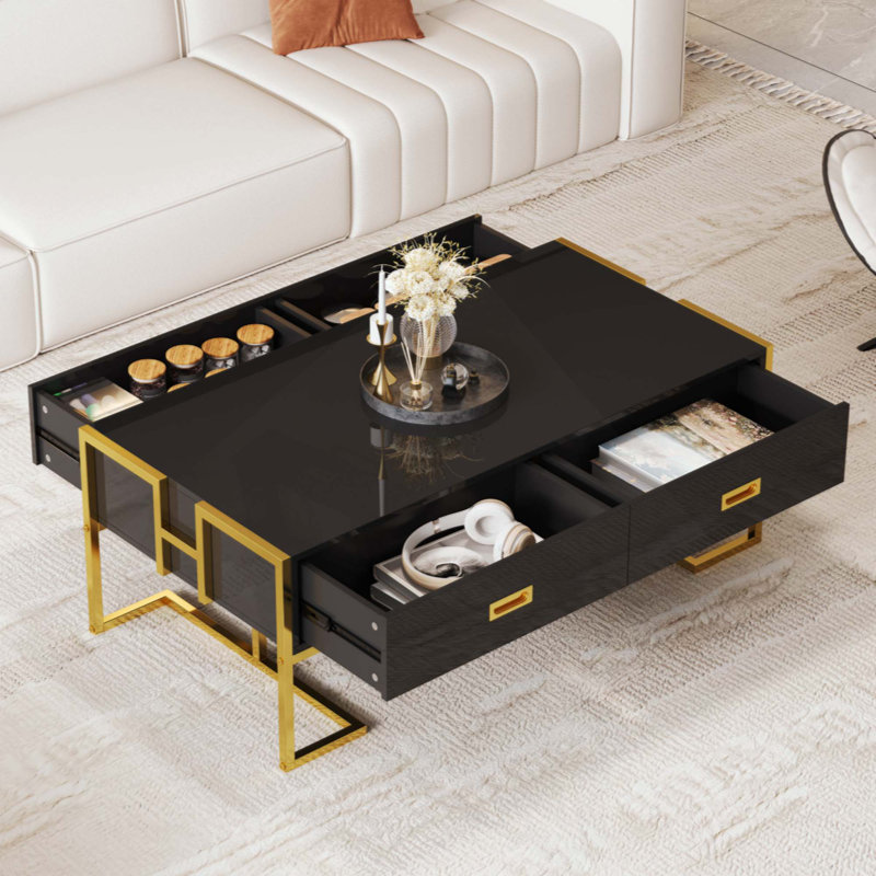 Table basse moderne moderne avec 4 tiroirs de rangement, grand plateau de table et base de support décorative pour salon contemporain