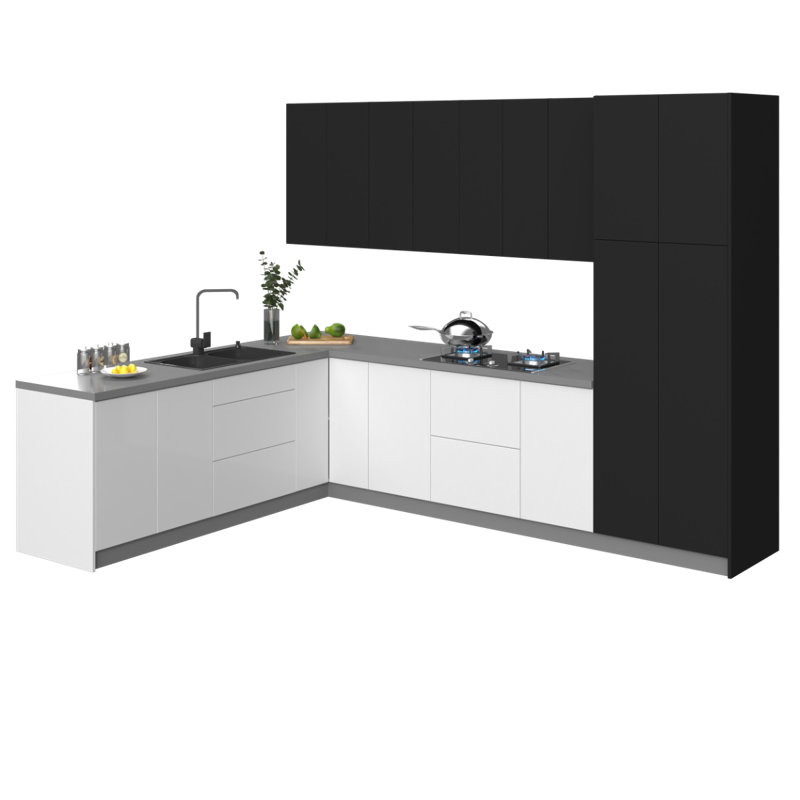 FK-HARMONY 126'' W x 96'' H Medium Density Fiberboard (MDF) Kitchen Cabinet Set Ready-to-Assemble, Black/White Gloss