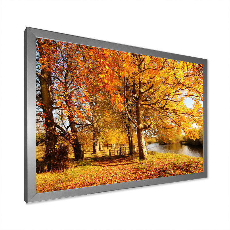 «Yellow Autumn Artistic Forest By The Lake», reproduction sur toile, Cadre de coin argenté fermé, H 24 po x l 36 po x P 1 po