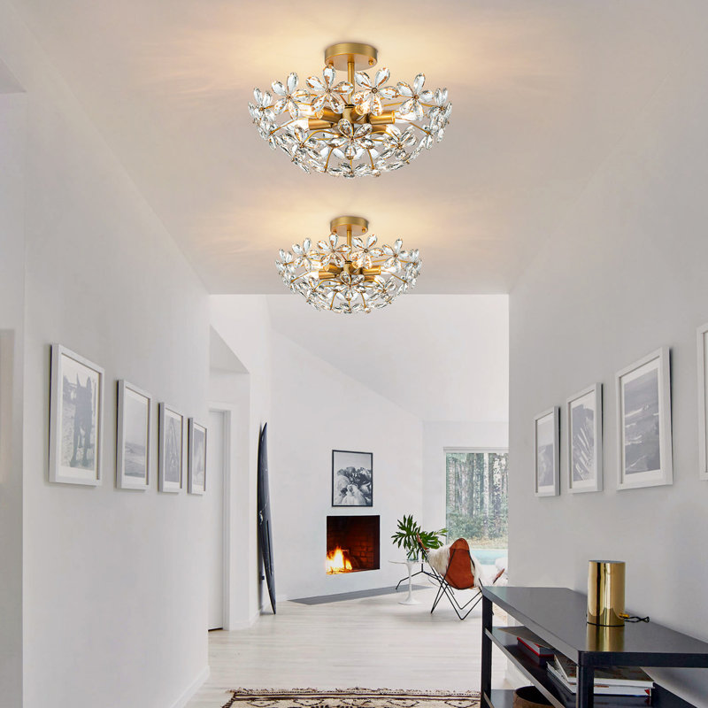 Kuol 6-Lights 17.7" Modern Dimmable Crystal Champagne Flower Semi Flush Mount Ceiling Light, Gold