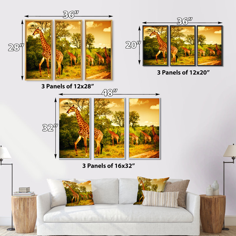 South African Giraffes - Ensemble de 3 reproductions d'art encadrées sur toile, H 28 po x l 36 po x P 1 po