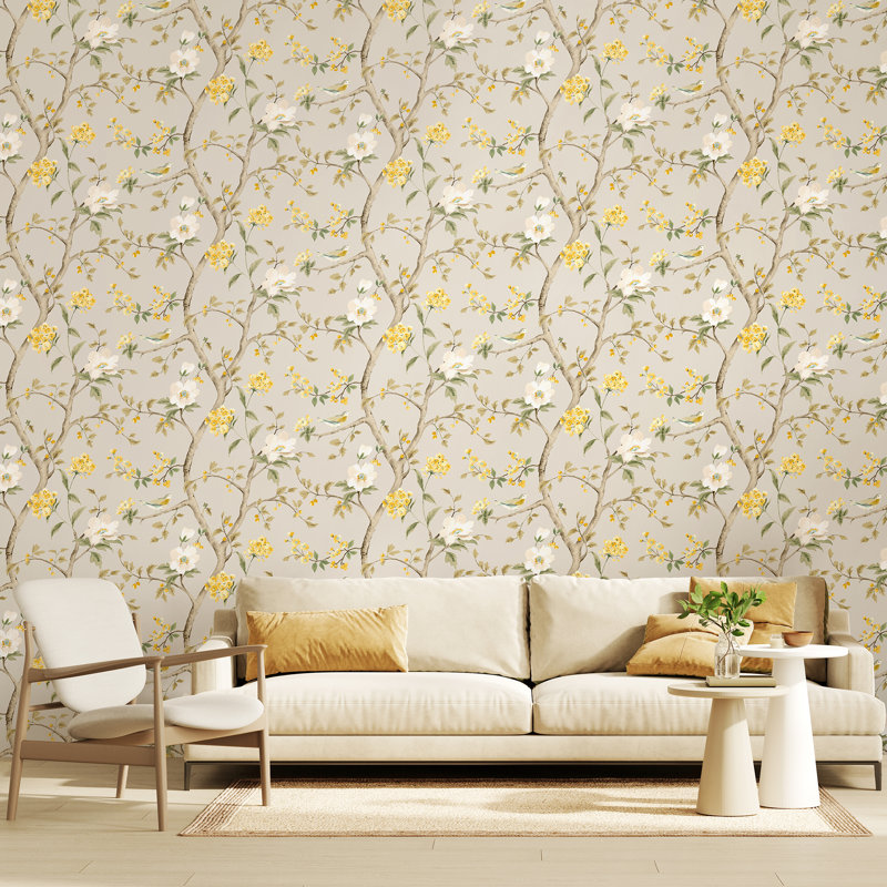 Bird Song - Silver 10m Wallpaper, Grey Floral