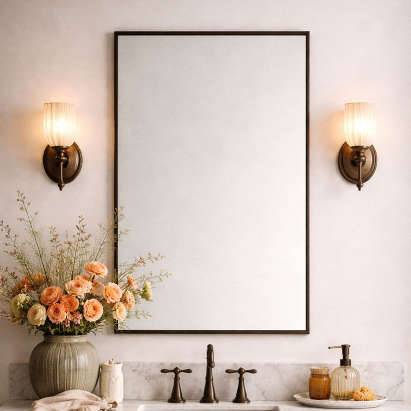Miroir de salle de bain en bronze huilé avec coins carrés, miroir rectangulaire en acier inoxydable de 32 po x 24 po avec cadre en métal