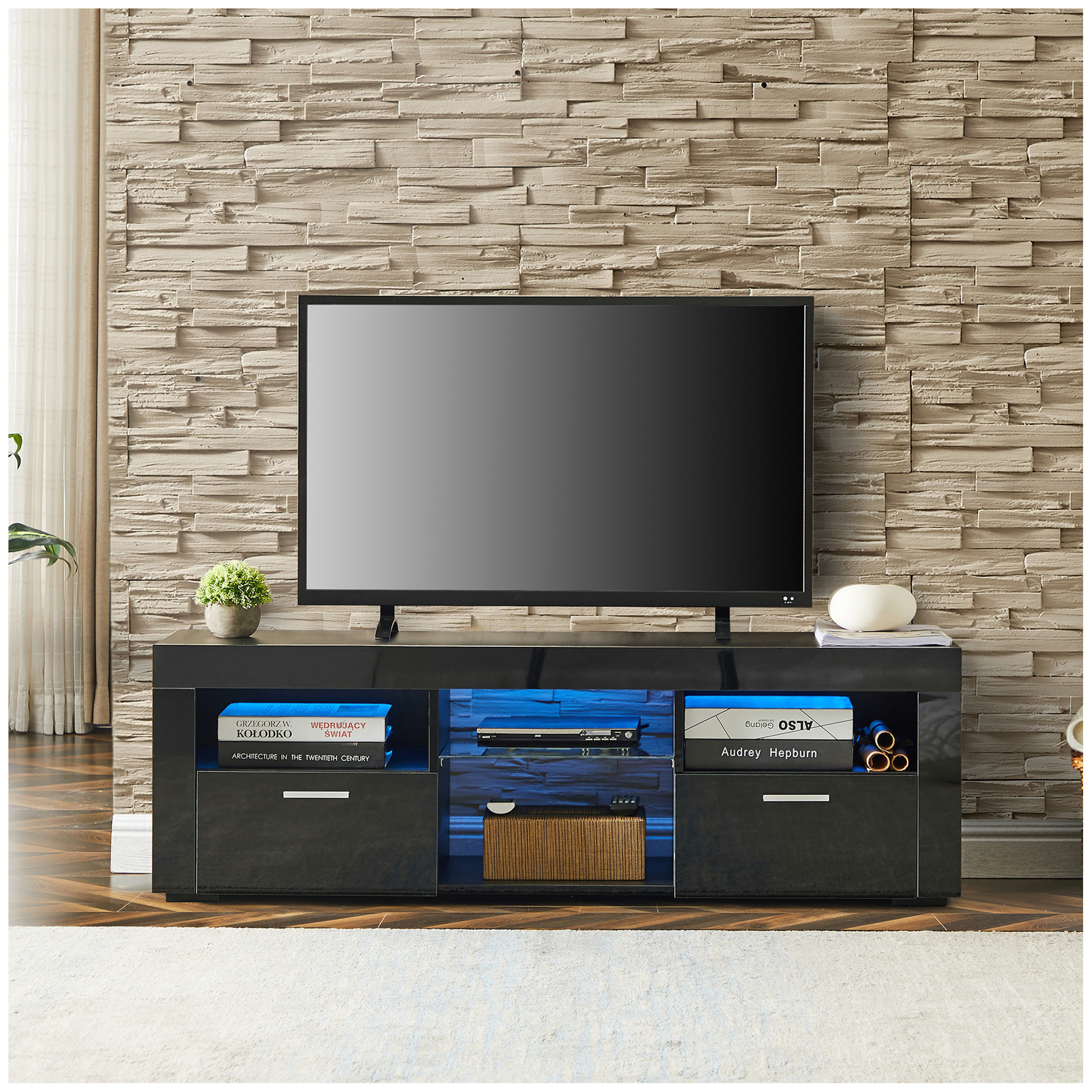 Wrought Studio™ Black morden TV Stand with LED Lights,high glossy front ...