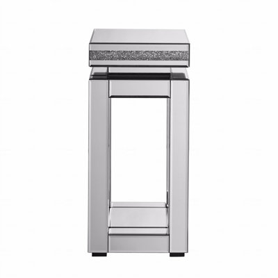 Mirrored End Table Square With Crystals Inlay, 2-Tier Modern Small Sofa Table With Storage, Silver Accent Table