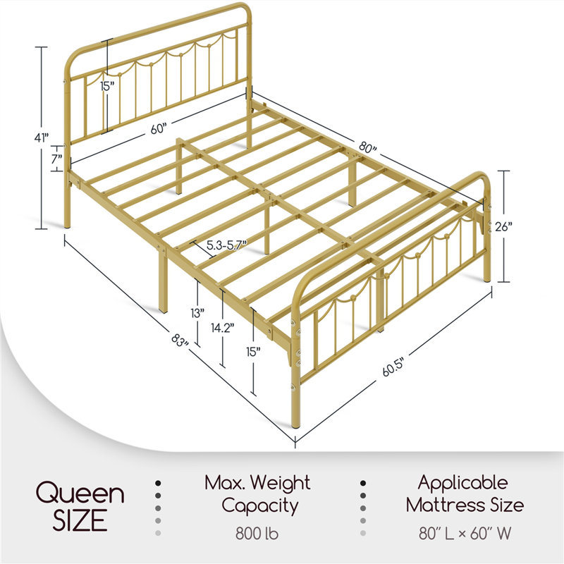 Dravin Metal Platform Bed Frame with Vintage Headboard and Footboard, Queen, Antique Gold