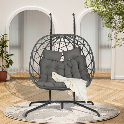Double Egg Chair with Stand Hanging Indoor Outdoor Wicker Rattan Patio Basket Egg Swing Chair Hammock Egg Chairs with UV Resistant Cushions 600 lbs for Bedroom Balcony Patio