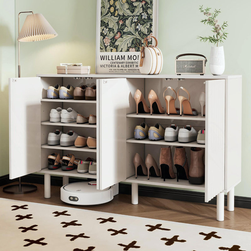 Minimalist Shoe Cabinet With 5 Solid Wood Legs, Cream Style Sideboard Buffet Cabinet With Fluted Doors, Large 4-Door Storage Cabinet With Adjustable Shelves For Living Room, , 55.1*13.7"