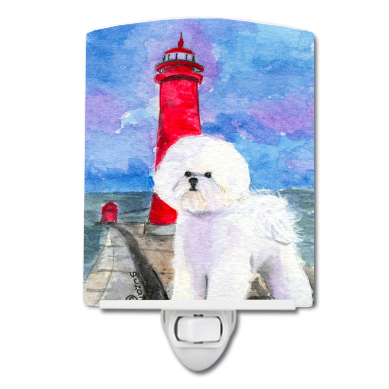 Éclairage de nuit en céramique pour phare avec bichon bichon frisé