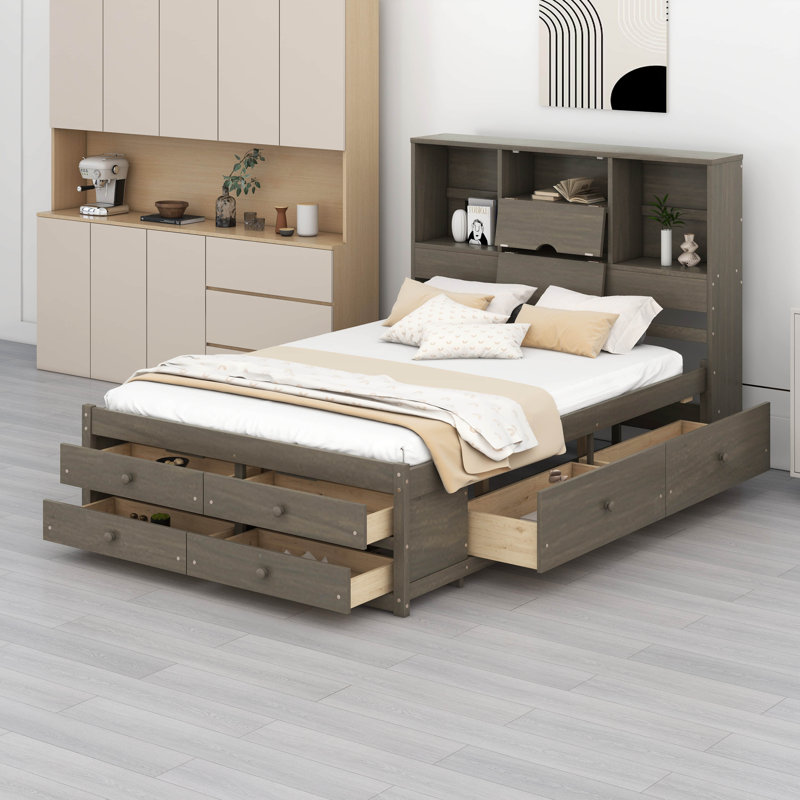 Grand lit plateforme avec tête de lit à rangement et 8 tiroirs, lit plateforme en bois, Gris