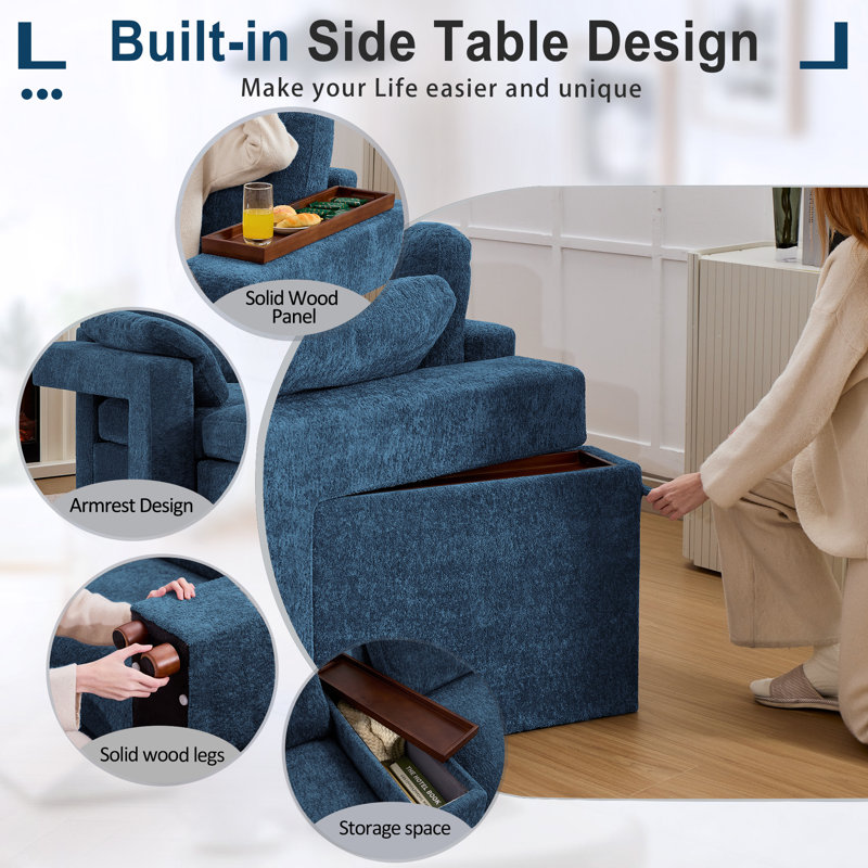 6 - Piece 120.8" Teddy Corner Sectional Sofa Modular Cloud Couch with Ottoman and Storage Side Table, Blue Teddy