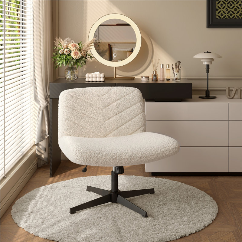 Armless Wide Desk Chair with Cross-shaped Base, Beige Boucle