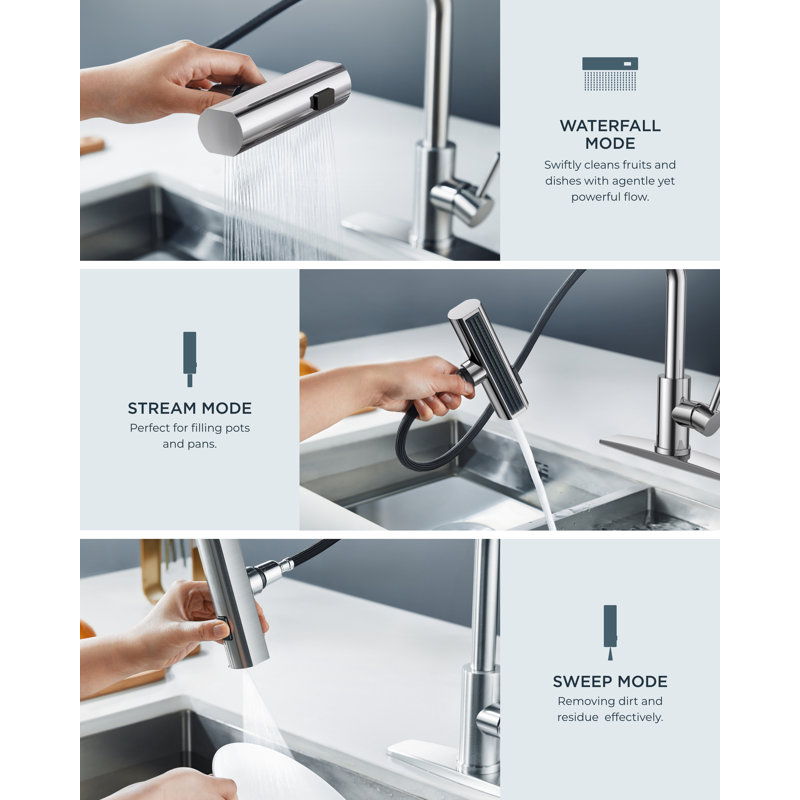FURUISI Pull Down Kitchen Faucet, Stainless Steel Kitchen Sink Faucet 3 in 1 Function, Waterfall Modern Faucet for Kitchen Sink, Bar, Laundry, Rv