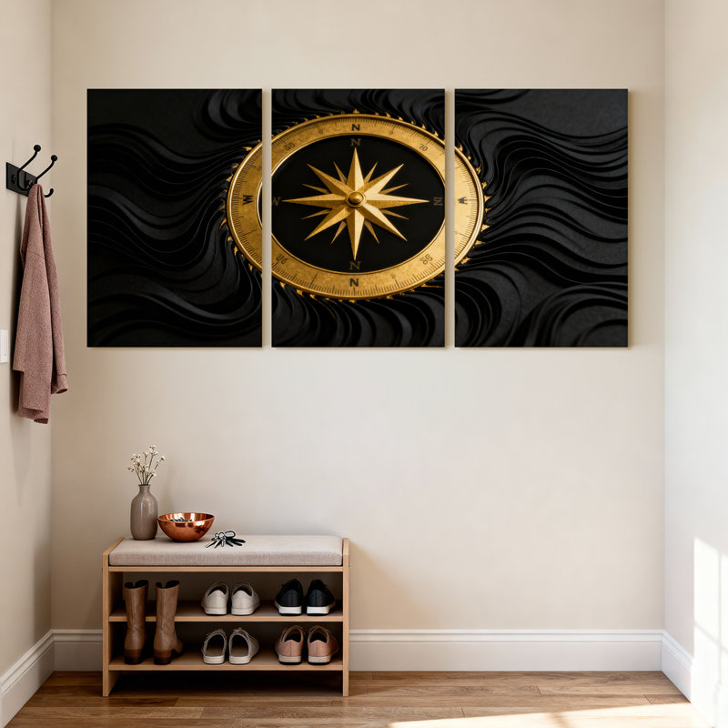 Boussole dorée sur fond de vagues noires, ensemble de 3 impressions d'art sur toile, H 24 po x l 48 po