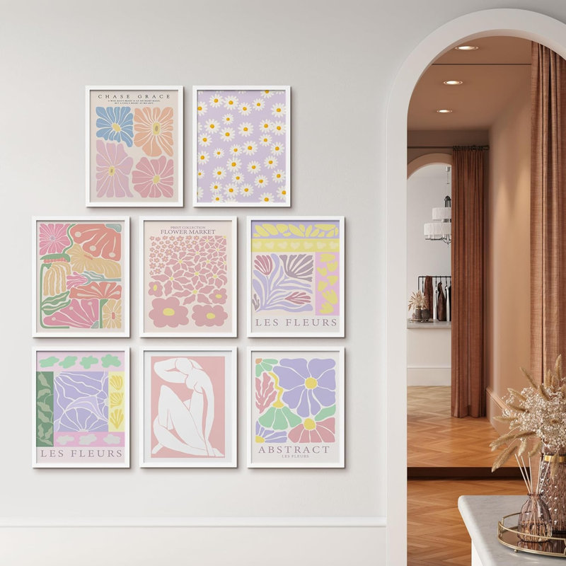 «Colorful Abstract Floral Botanical Flower Daisy Rose», impression sur papier 8 pièces, L 11 po x H 14 po, Cadre blanc