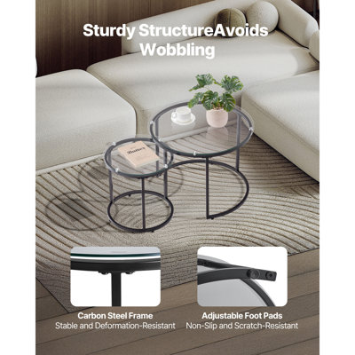 Ensemble de 2 tables basses gigognes, table basse ronde de 60 cm, tables gigognes en verre pour petits espaces, tables d'appoint modernes avec structure en métal, chambre, balcon, bureau, conçues pour le salon