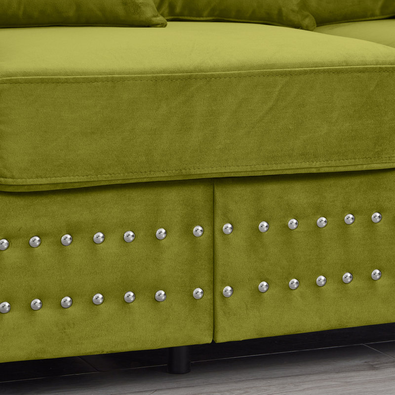  Ensemble de canapé moderne en velours 2 + 3 places avec accoudoirs carrés, canapé rembourré avec garniture cloutée argentée pour le salon, vert