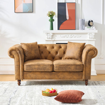 63"Chesterfield ‌Tech Fabric Sofa,High-Tech Fabric Roll Armrest Sofa,Upholstered Mid Century Modern Couch,2 Seater Couch For Living Room, Office, Apartment, Brown