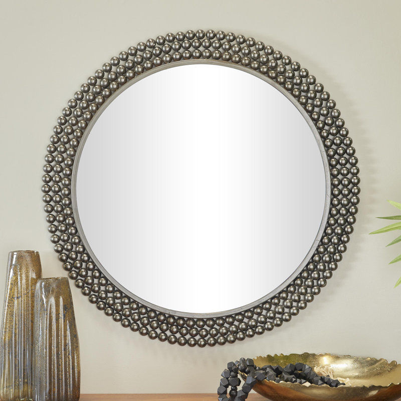 Metal Room Wall Mirror with Beaded Detailing, Black