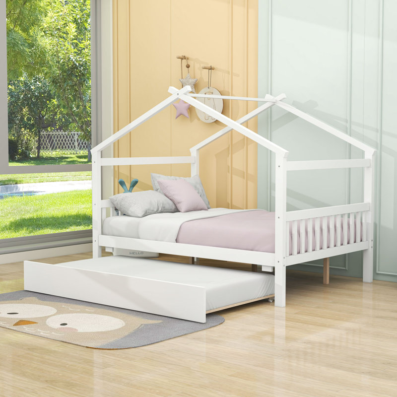 Wood House Bed With Pull-Out Twin Trundle, Full, White