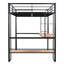 Lit mezzanine double en métal pleine grandeur, noir - bureau long et tablettes pour une organisation fonctionnelle et efficace du bureau à domicile