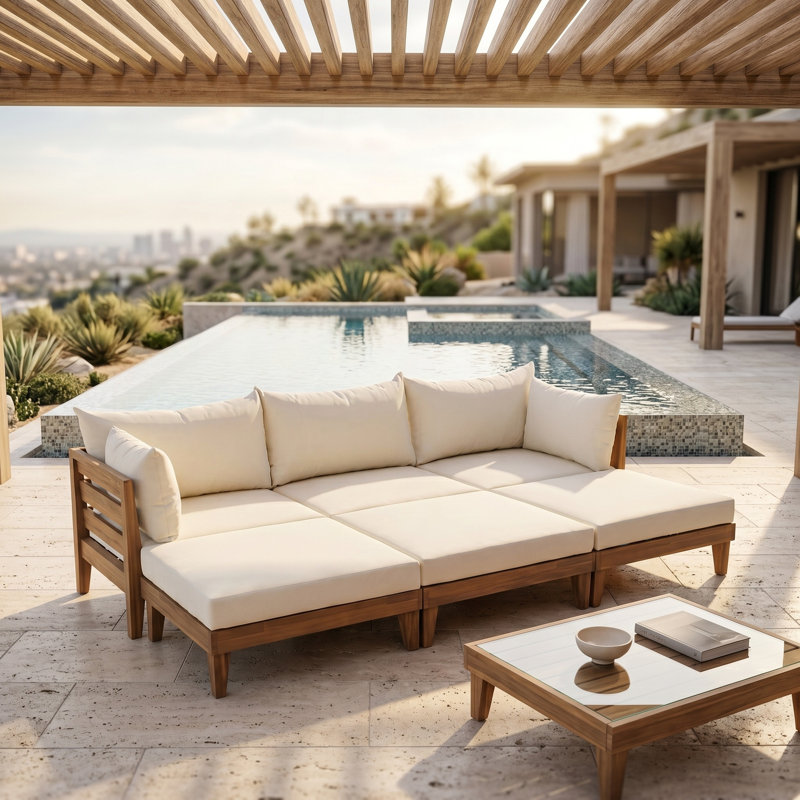 Ensemble de canapé de patio modulaire en bois d'acacia 6 pièces avec coussins et coussins épais