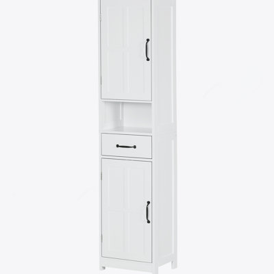 Armoire de rangement mince, armoire de salle de bain haute, tour à linge avec tablette ouverte, tiroir, portes encastrées et tablettes réglables, blanc