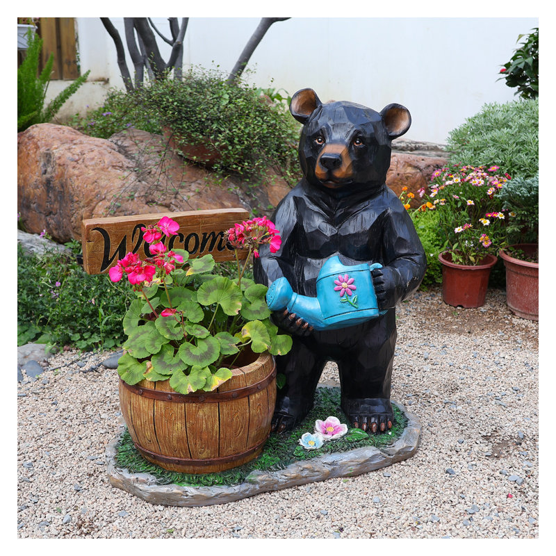Charmante statue de jardin d'ours avec pot de fleurs - Sculpture d'extérieur peinte à la main pour décoration de jardin, de patio et de pelouse