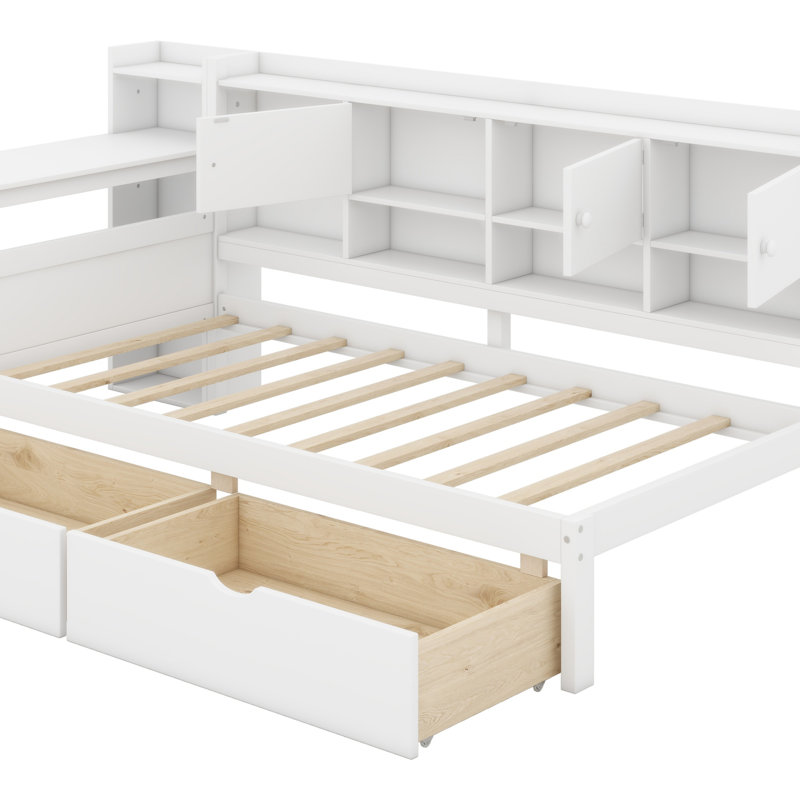 Lit de jour en L en bois avec armoires de rangement et tiroirs de rangement, lit multifonctionnel avec bureau d'étude, blanc