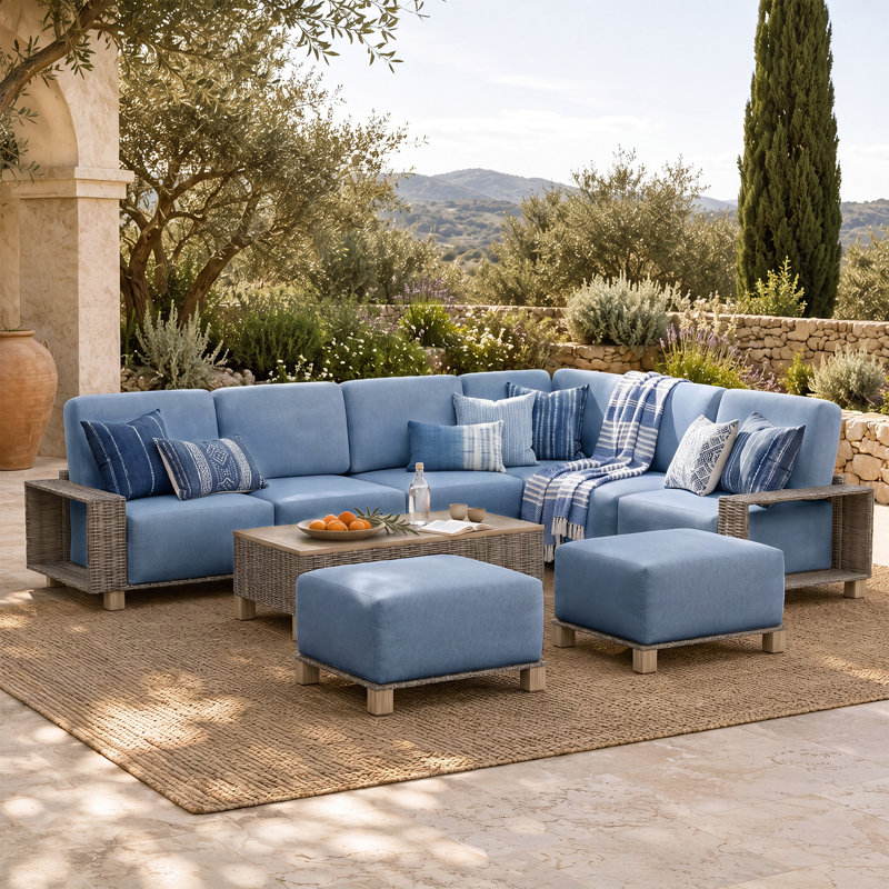 Canapé d'angle extérieur en résine tressée de 9 pièces avec coussins de 20 cm et design modulaire, Blue