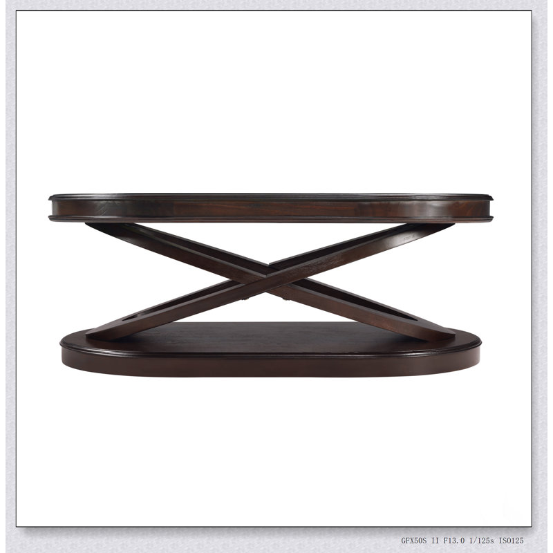 Table basse ovale en bois de 44 pouces avec base en forme de X, rangement ouvert et design élégant pour le salon et le bureau personnel