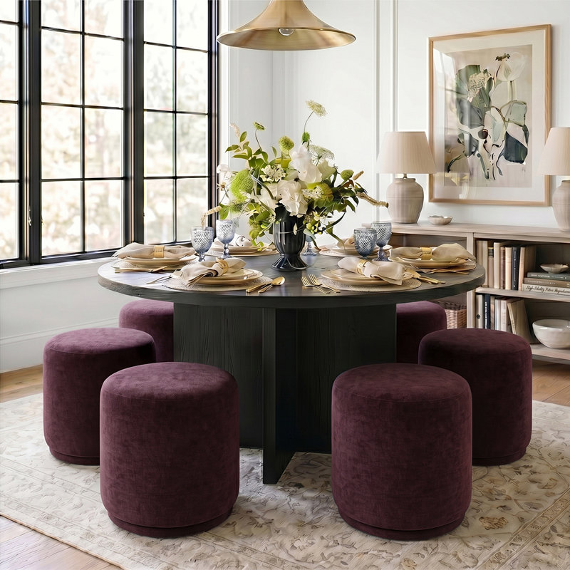 Ensemble de salle à manger rond avec 6 tabourets rembourrés, Noir, Red