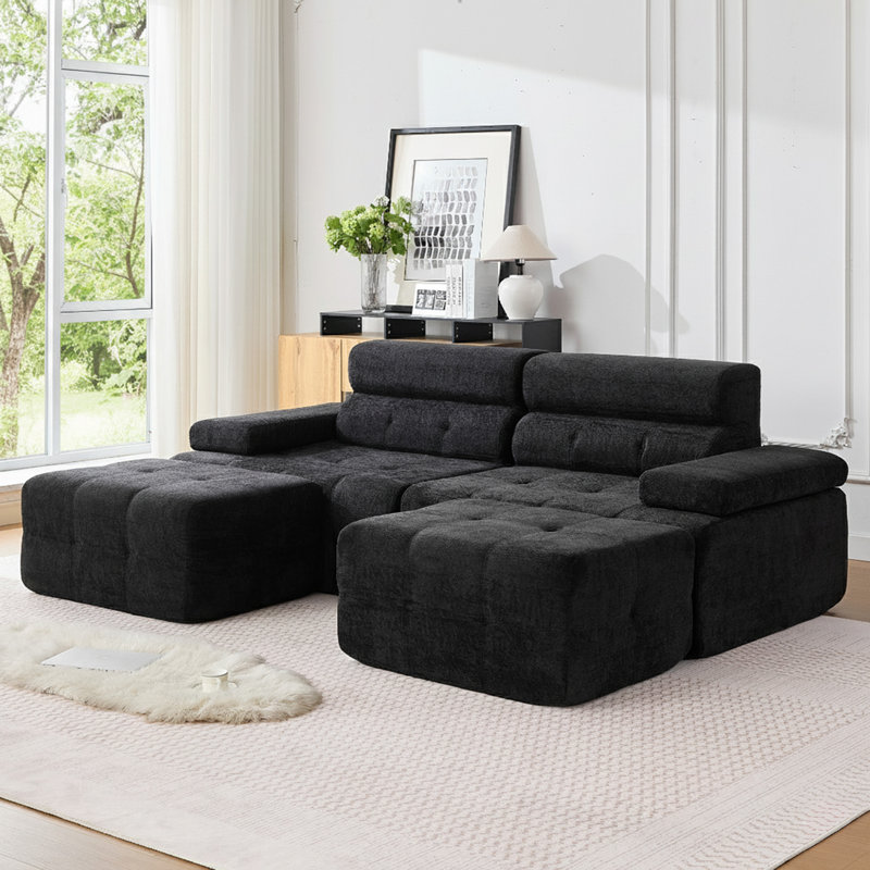 99" W Modular Compression Sofa With Ottoman & Higher Backrest, Black
