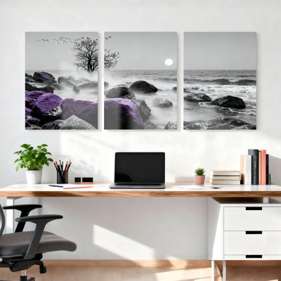 Mauve et roches mauves, paysage marin noir sur toile tendue, reproduction d'art sur toile, ensemble de 3