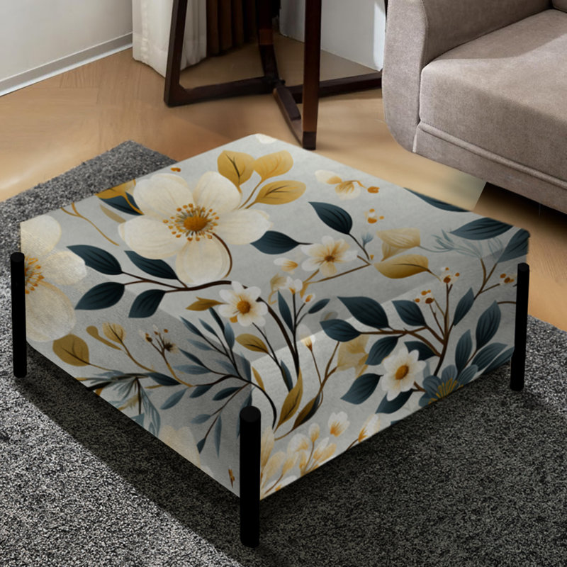 Grand repose-pieds carré blanc et beige à motif floral I