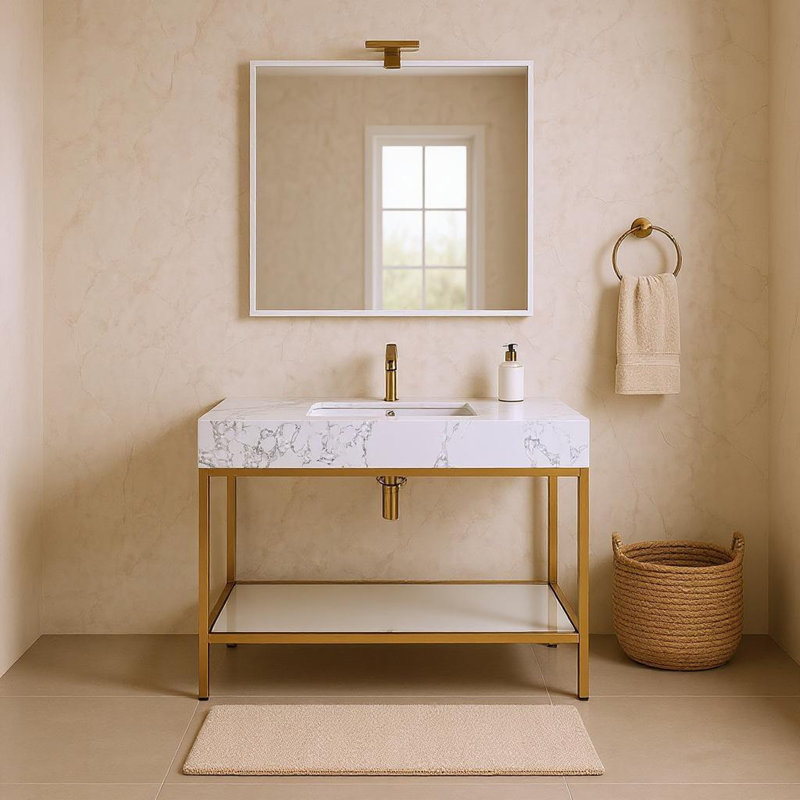 Marmo 48" Single Bathroom Vanity, Brushed Brass, White