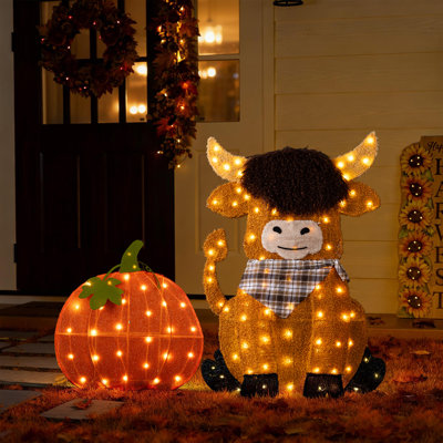 S/2 Fall 2.5D Lighted Pumpkin and Highland Cow Outdoor Décor with 130 warm White LED Lights (KD)