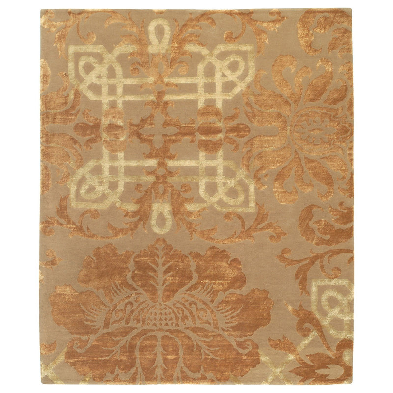 Brocade Floral Area Rug in Gold, Rectangle 9' x 12'