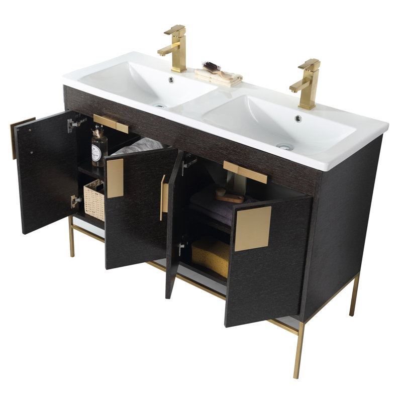 Ensemble de meuble-lavabo double 48 po Tortola, Laiton satiné, Chêne noir à grain droit