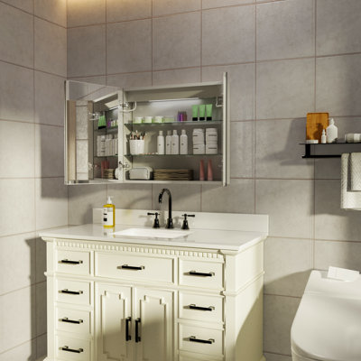 Pharmacie pour salle de bain à DEL avec miroir, 30 x 26 pouces, encastrée ou à fixation en surface, désembuage, gradateur, 2 prises