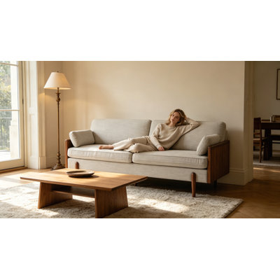 Mid-Century Modern Sofa with Beige Upholstery, Compact Frame, and Extra Plush Cushioning for Ultimate Comfort and Style