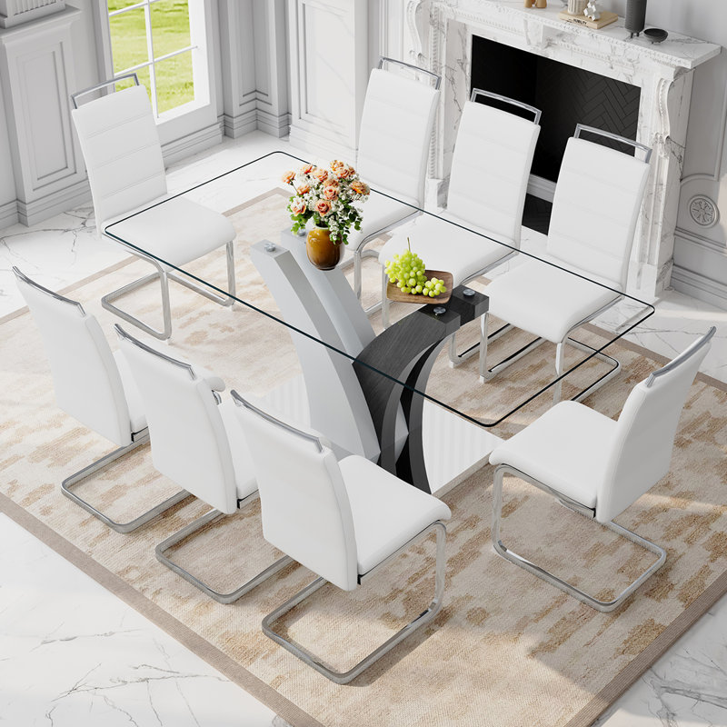 Ensemble de table de salle à manger moderne, table élégante avec chaises confortables, 9 pièces : table, 8 chaises, Blanc
