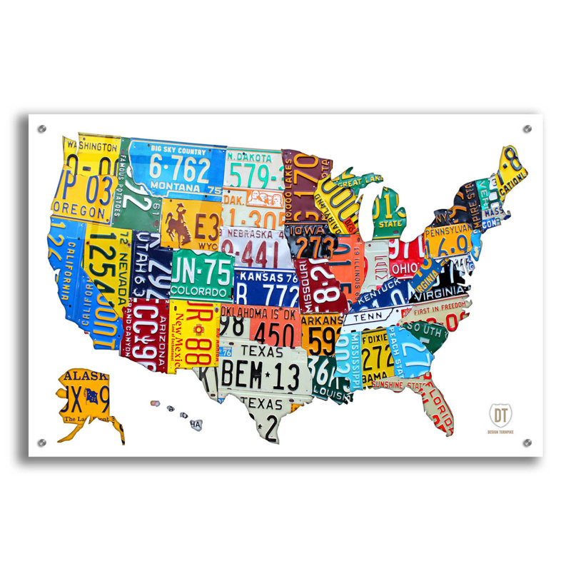 Carte de plaque minéralogique USA sur bois sur plastique / acrylique par Design Turnpike Print, H 24 po x l 36 po x P 0,2 po