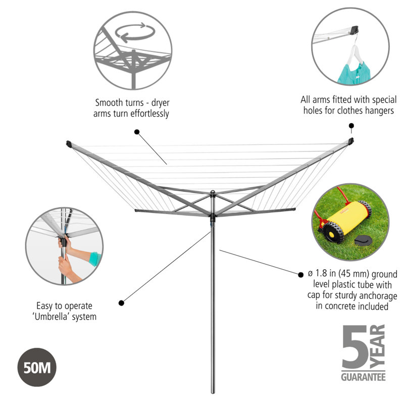 Corde à linge d'extérieur Brabantia, 164 pieds (50 mètres), 3 bras, avec tube en béton