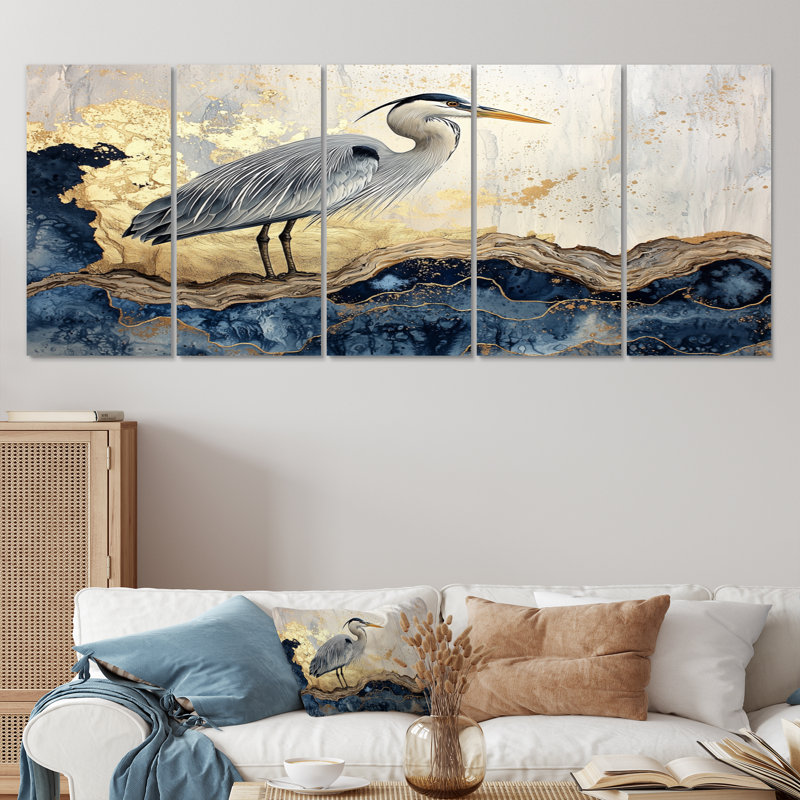 Marbre héron à l'encre de Chine dorée paysage III - héron, décoration murale animal - art mural moderne, H 32 po x l 80 po, 5