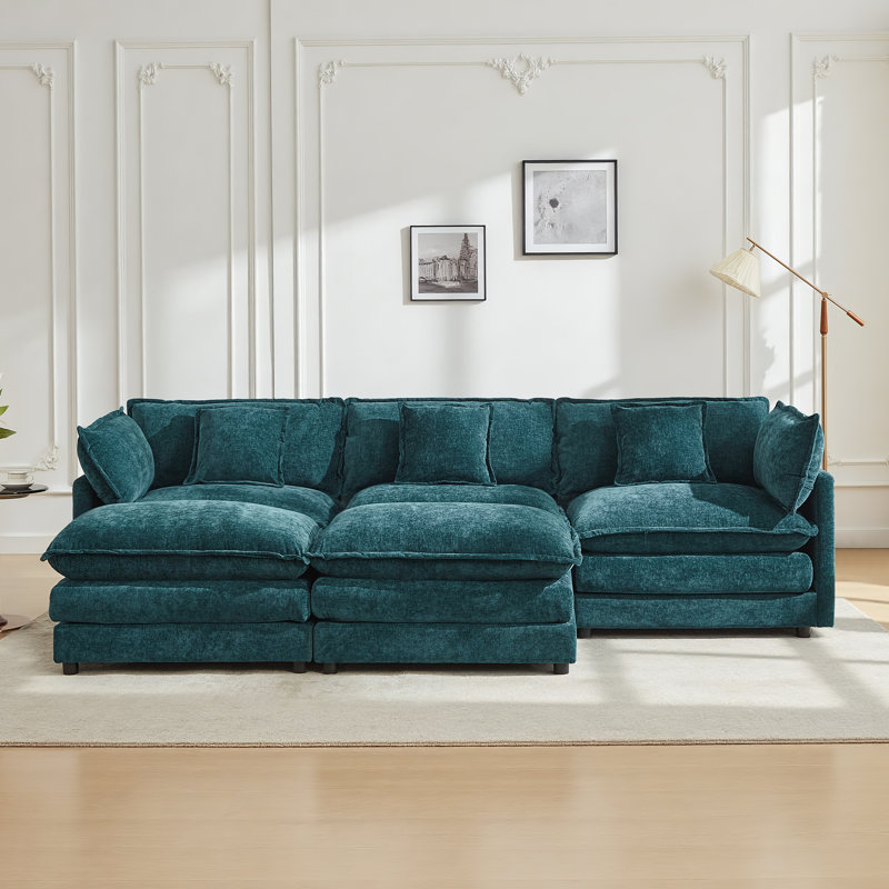 Canapé modulaire en forme de U avec 2 repose-pieds Shamilla - Revêtement en chenille douce et design réversible, Sarcelle